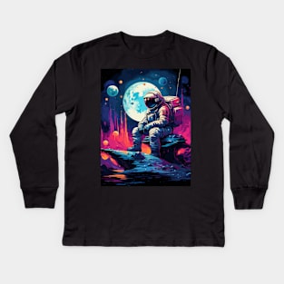 an astronaut sitting on a planet Kids Long Sleeve T-Shirt